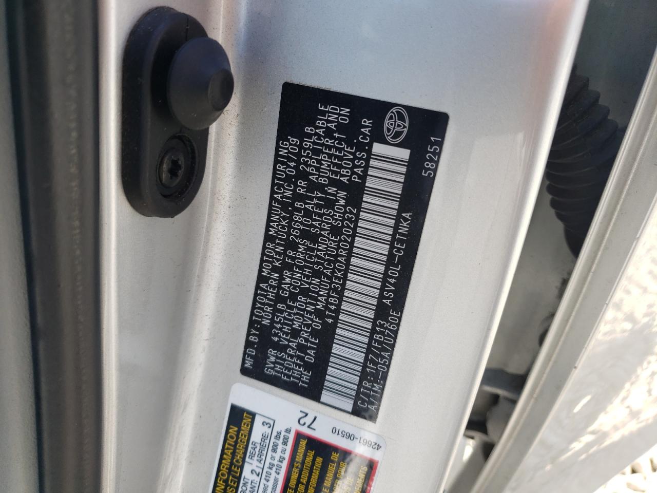 Photo 10 from auction – 2010 TOYOTA CAMRY BASE with VIN 4T4BF3EK0AR020232