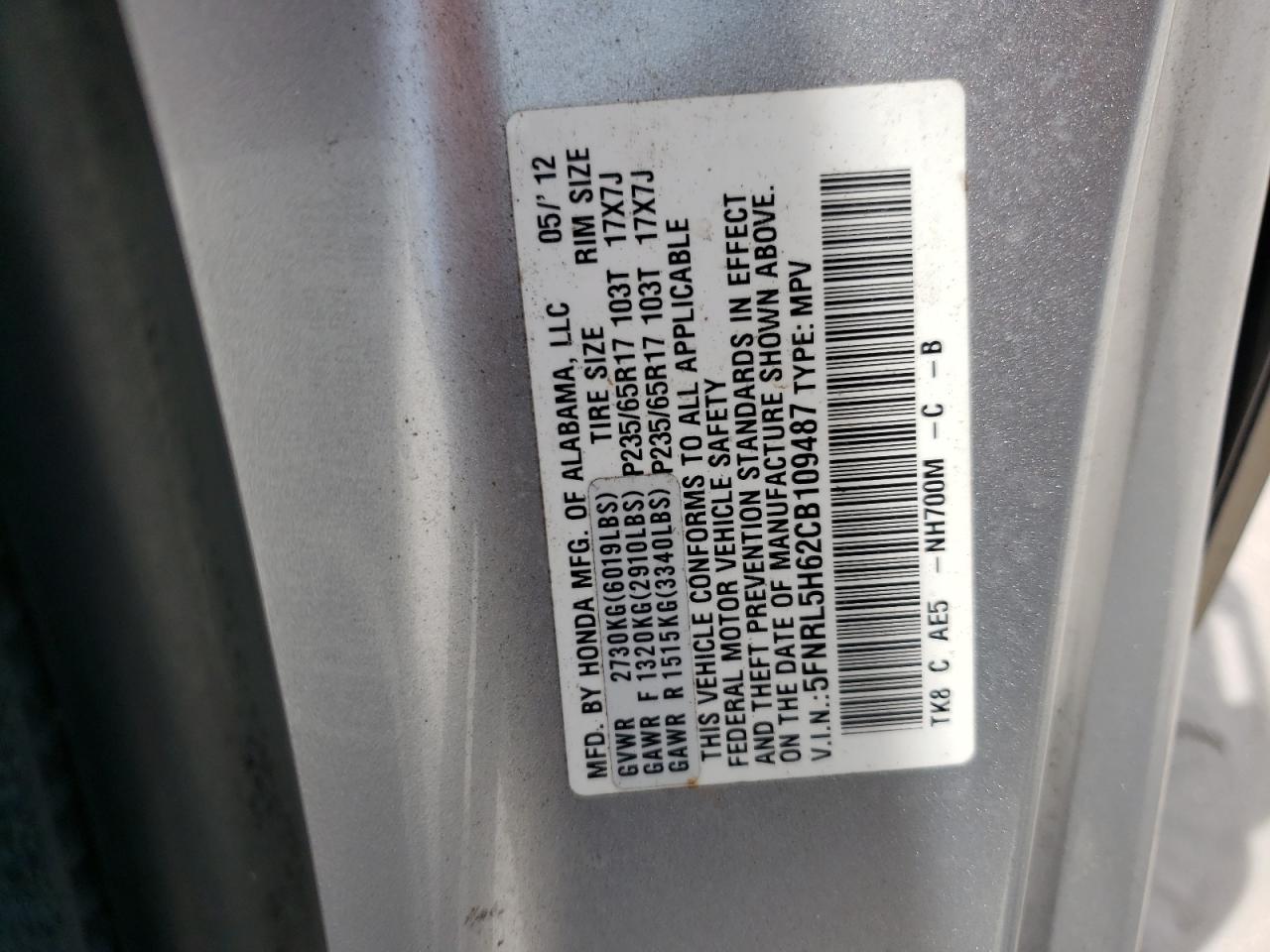 Photo 10 from auction – 2012 HONDA ODYSSEY EX with VIN 5FNRL5H62CB109487