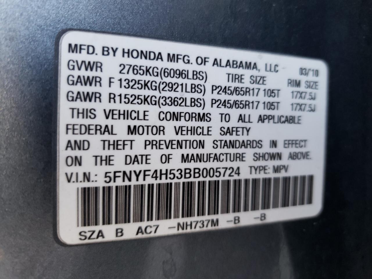 Photo 10 from auction – 2011 HONDA PILOT EXL with VIN 5FNYF4H53BB005724
