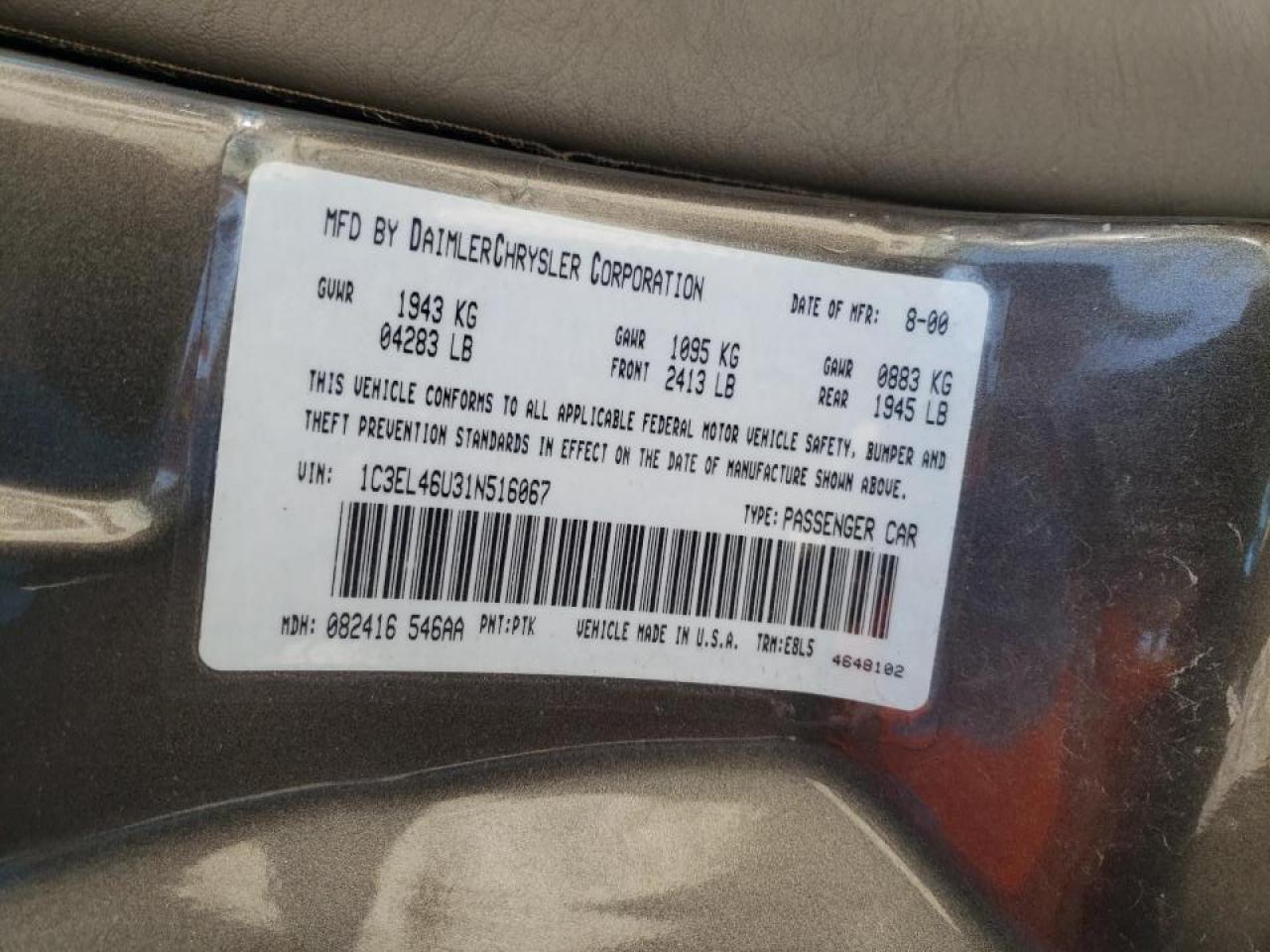 Photo 10 from auction – 2001 CHRYSLER SEBRING LX with VIN 1C3EL46U31N516067