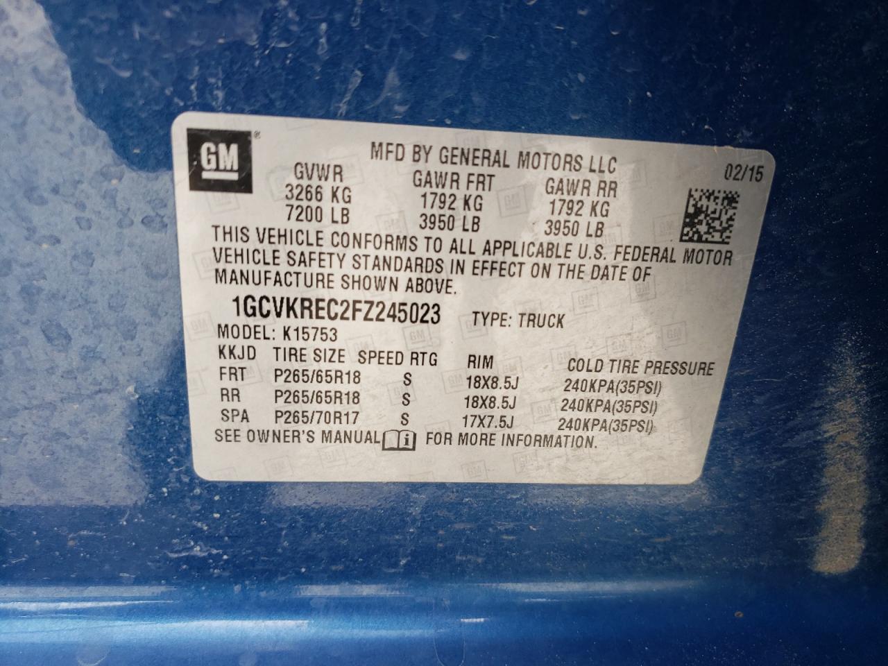 Photo 10 from auction – 2015 CHEVROLET SILVERADO with VIN 1GCVKREC2FZ245023