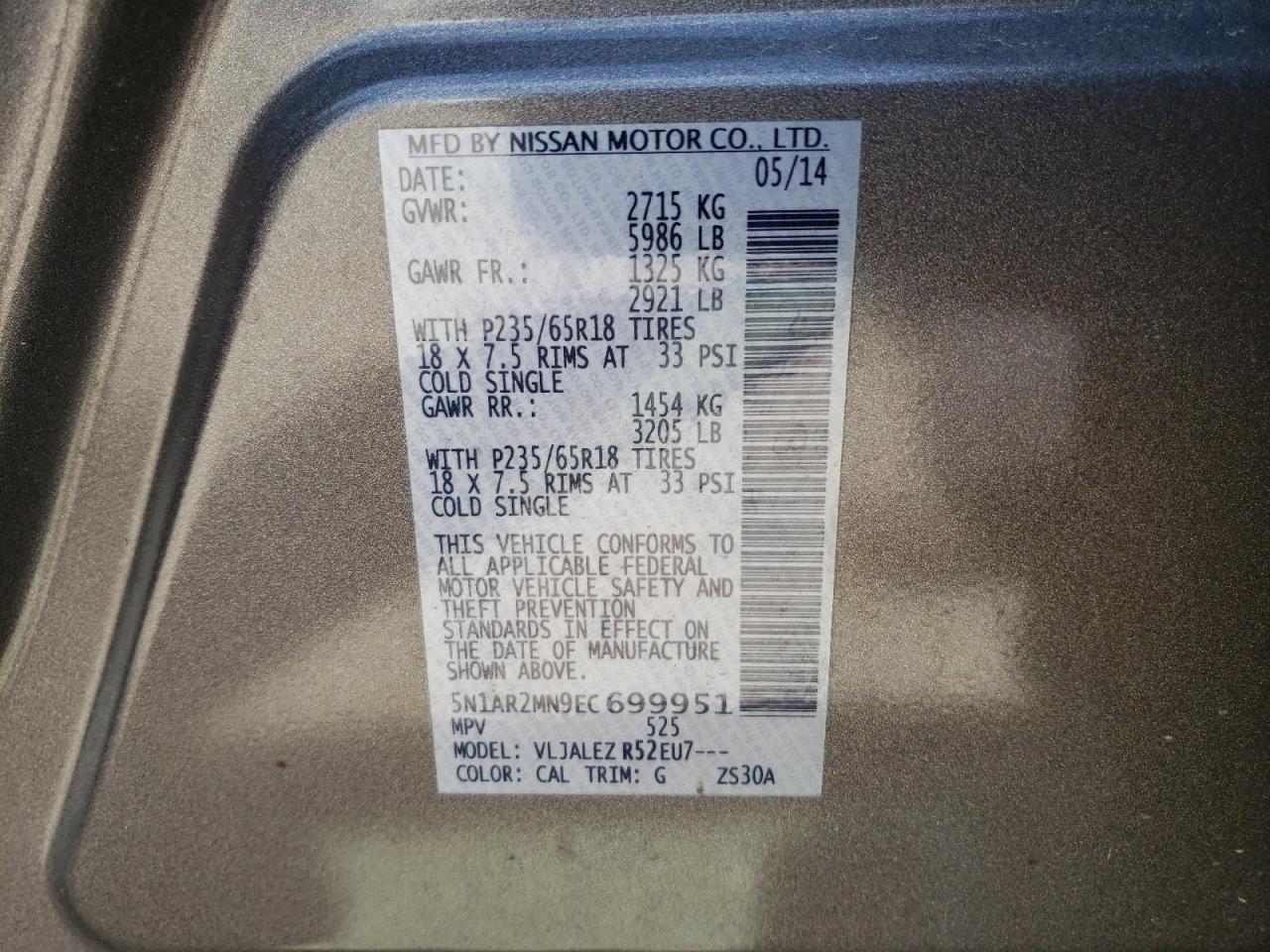 Фото 11 с аукциона – 2014 NISSAN PATHFINDER с VIN 5N1AR2MN9EC699951