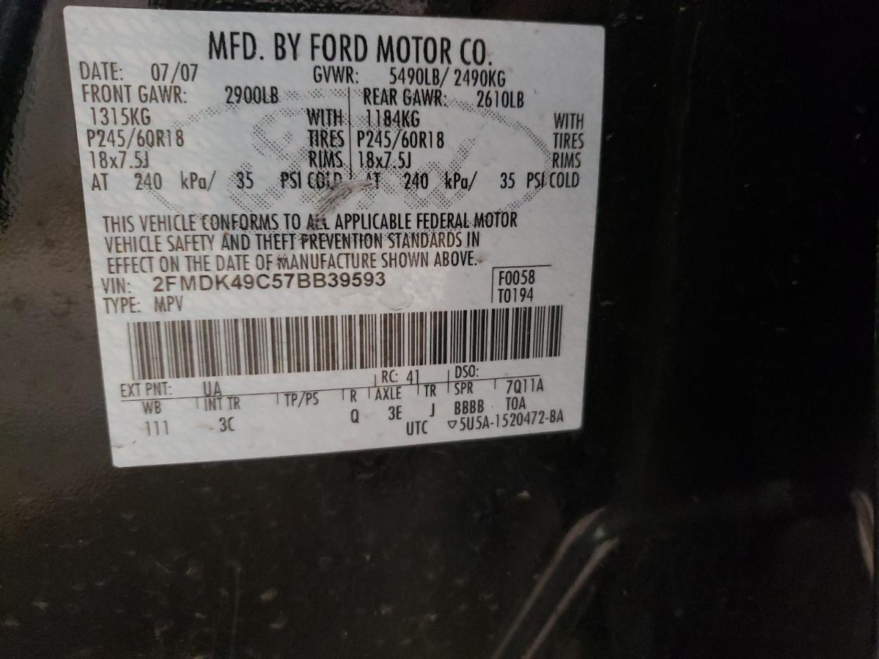 Photo 10 from auction – 2007 FORD EDGE SEL P with VIN 2FMDK49C57BB39593