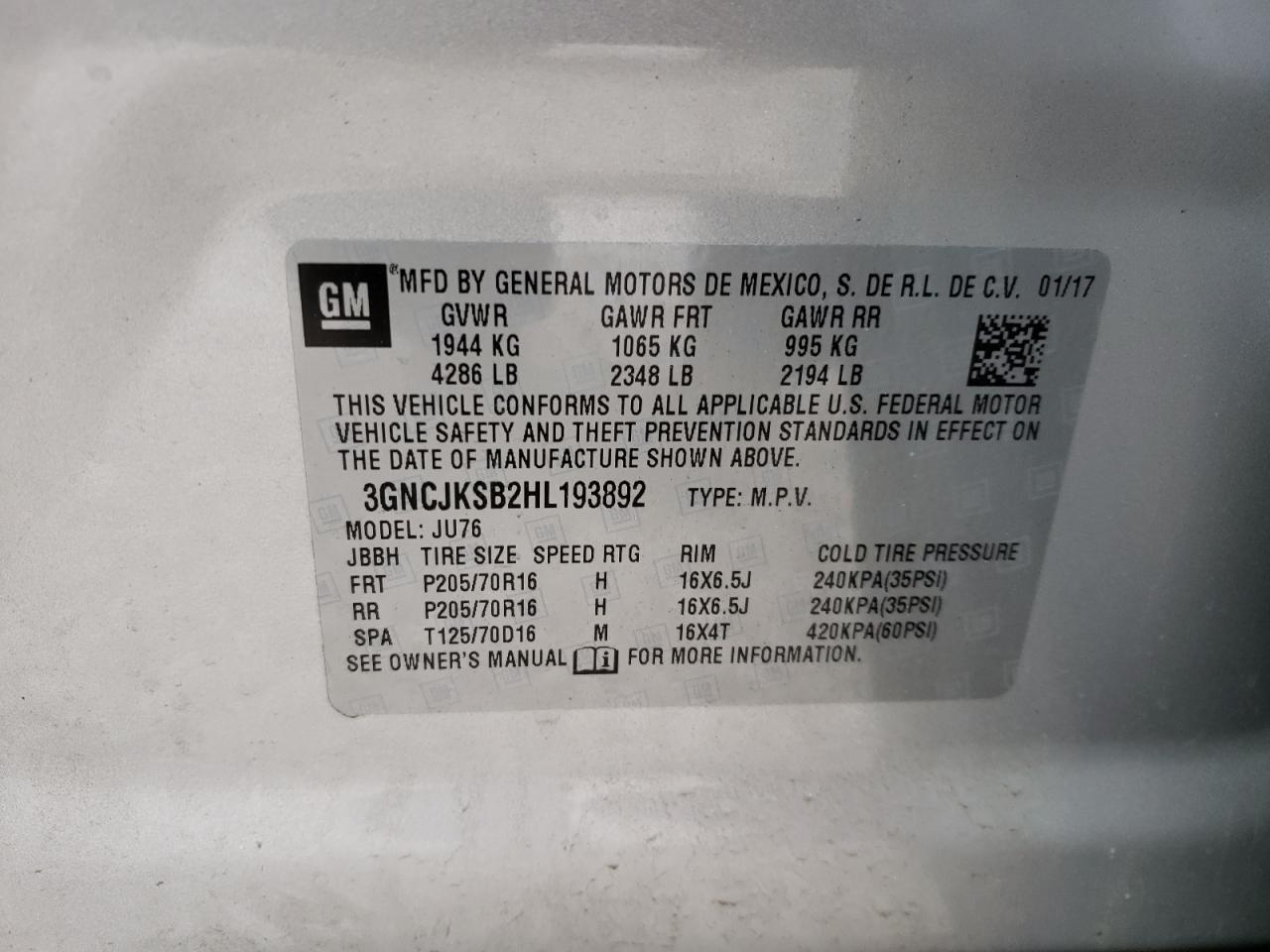 Photo 10 from auction – 2017 CHEVROLET TRAX LS with VIN 3GNCJKSB2HL193892