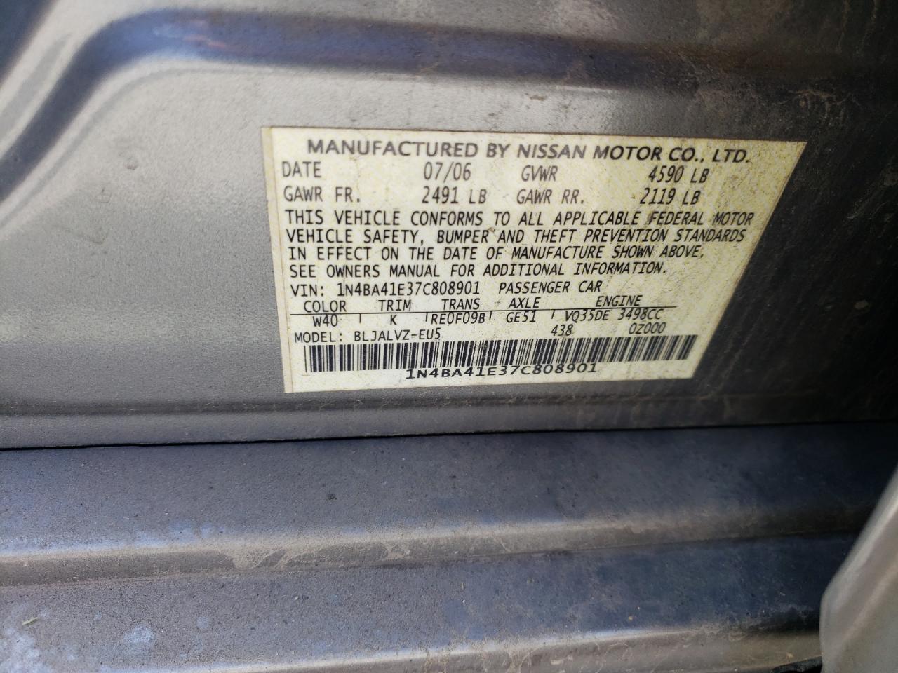 Photo 10 from auction – 2007 NISSAN MAXIMA SE with VIN 1N4BA41E37C808901