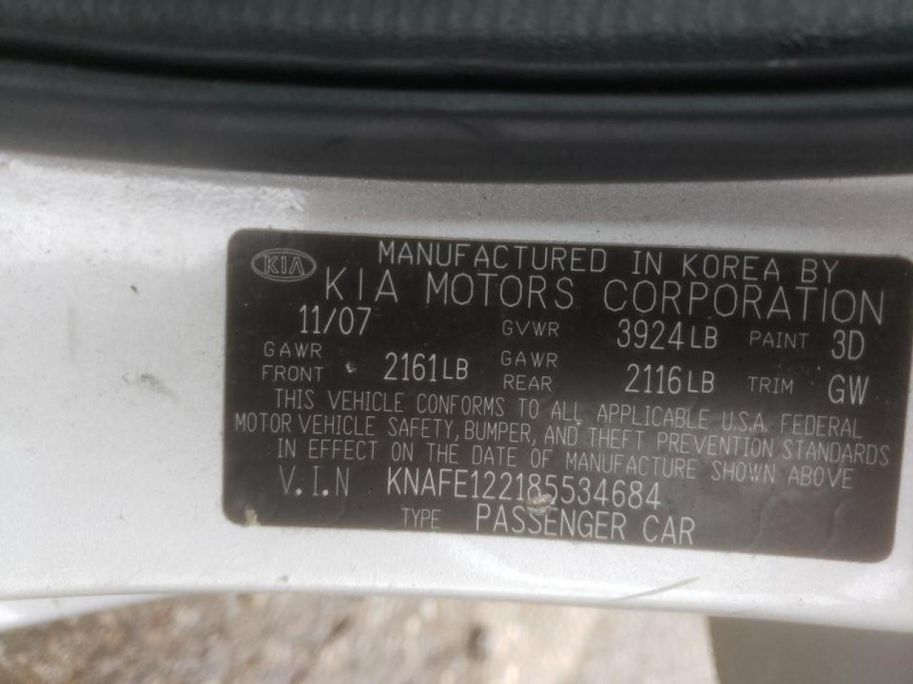 Photo 10 from auction – 2008 KIA SPECTRA EX with VIN KNAFE122185534684
