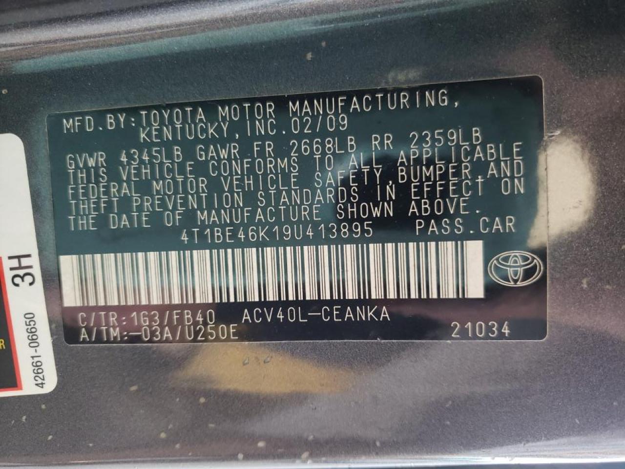 Photo 10 from auction – 2009 TOYOTA CAMRY BASE with VIN 4T1BE46K19U413895