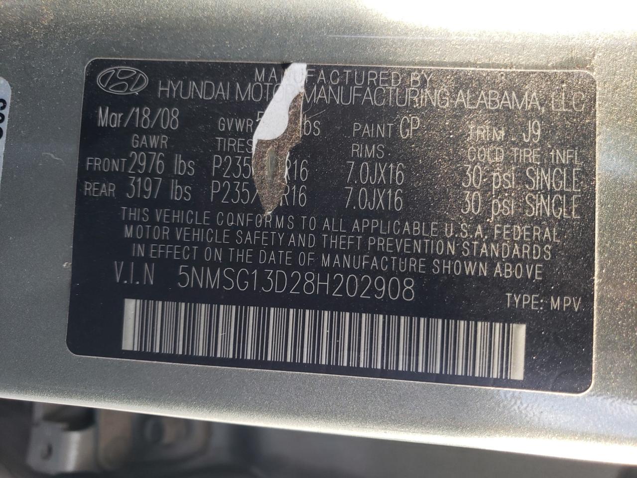 Photo 10 from auction – 2008 HYUNDAI SANTA FE G with VIN 5NMSG13D28H202908