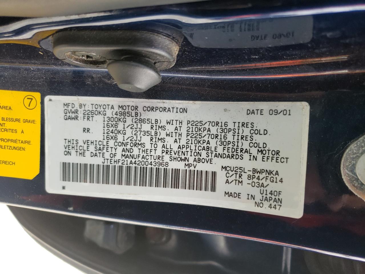 Photo 10 from auction – 2002 TOYOTA HIGHLANDER with VIN JTEHF21A420043968