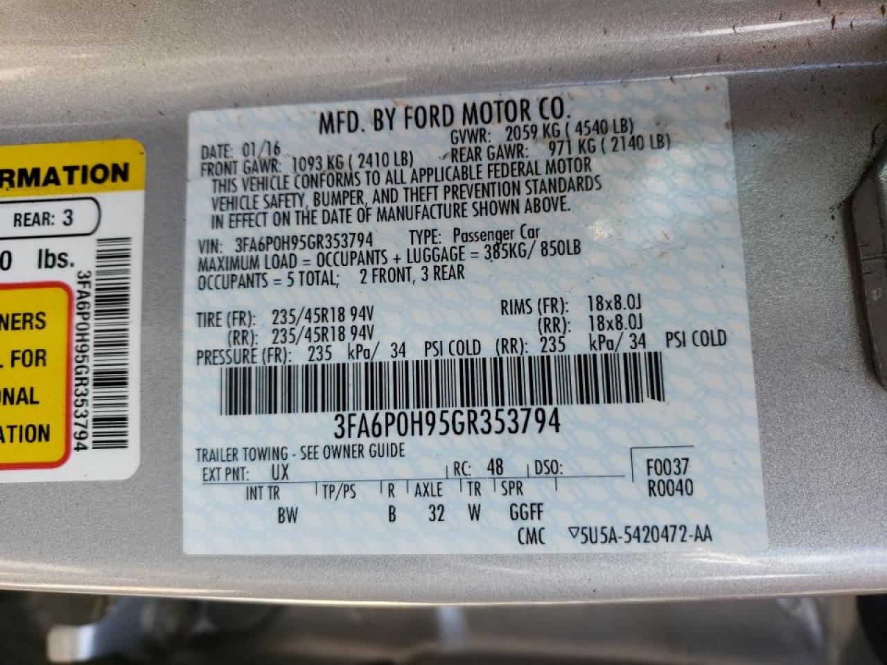 Photo 10 from auction – 2016 FORD FUSION SE with VIN 3FA6P0H95GR353794