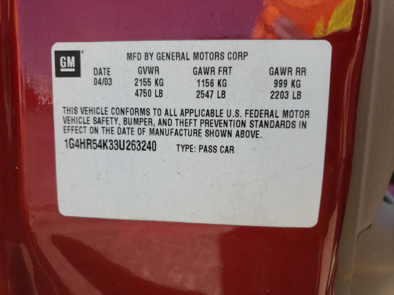 Photo 10 from auction – 2003 BUICK LESABRE with VIN 1G4HR54K33U263240