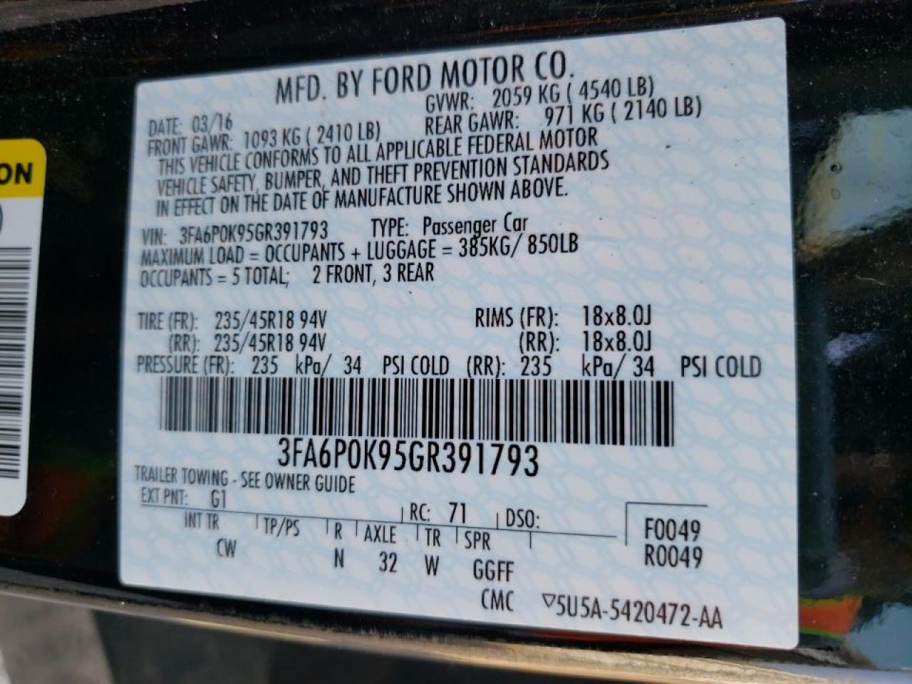 Photo 10 from auction – 2016 FORD FUSION TIT with VIN 3FA6P0K95GR391793