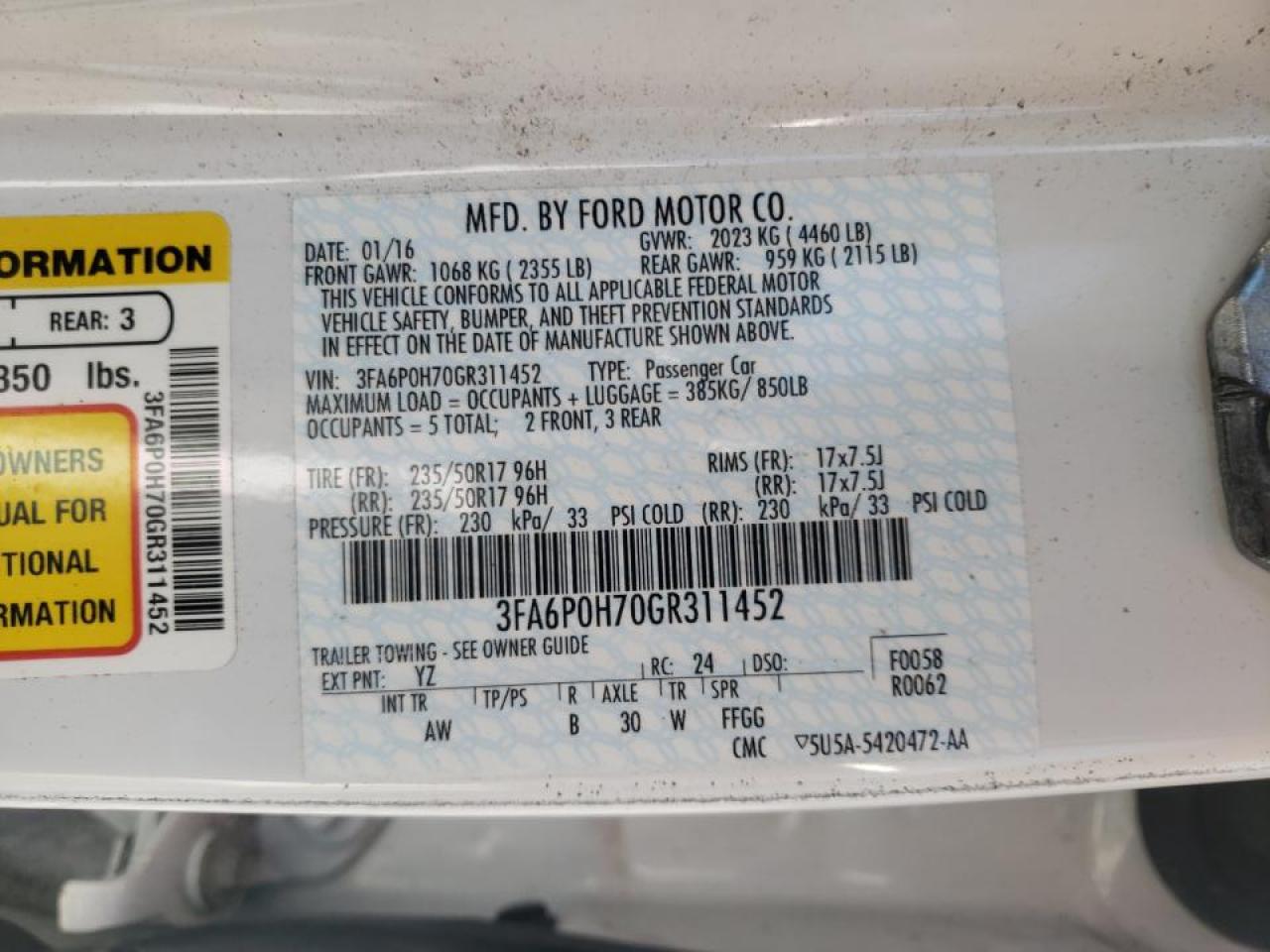 Photo 10 from auction – 2016 FORD FUSION SE with VIN 3FA6P0H70GR311452