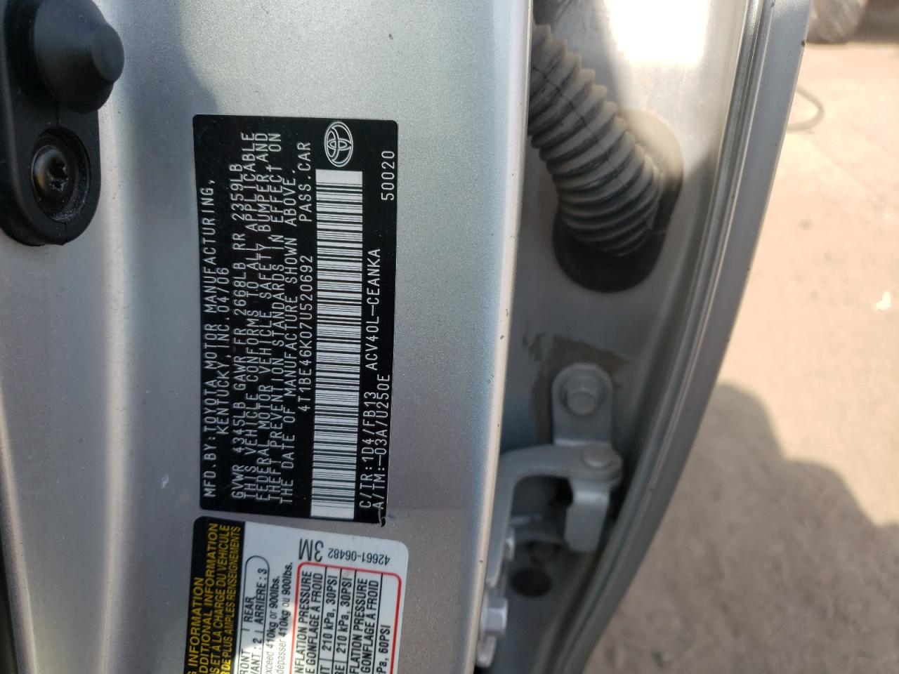 Photo 10 from auction – 2007 TOYOTA CAMRY CE with VIN 4T1BE46K07U520692