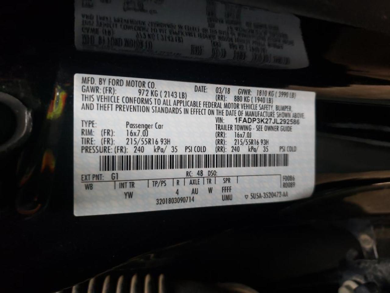 Photo 10 from auction – 2018 FORD FOCUS SE with VIN 1FADP3K27JL292586