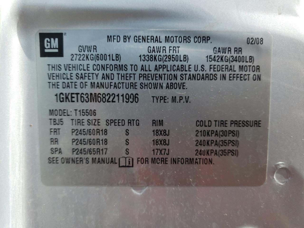 Photo 10 from auction – 2008 GMC ENVOY DENA with VIN 1GKET63M682211996