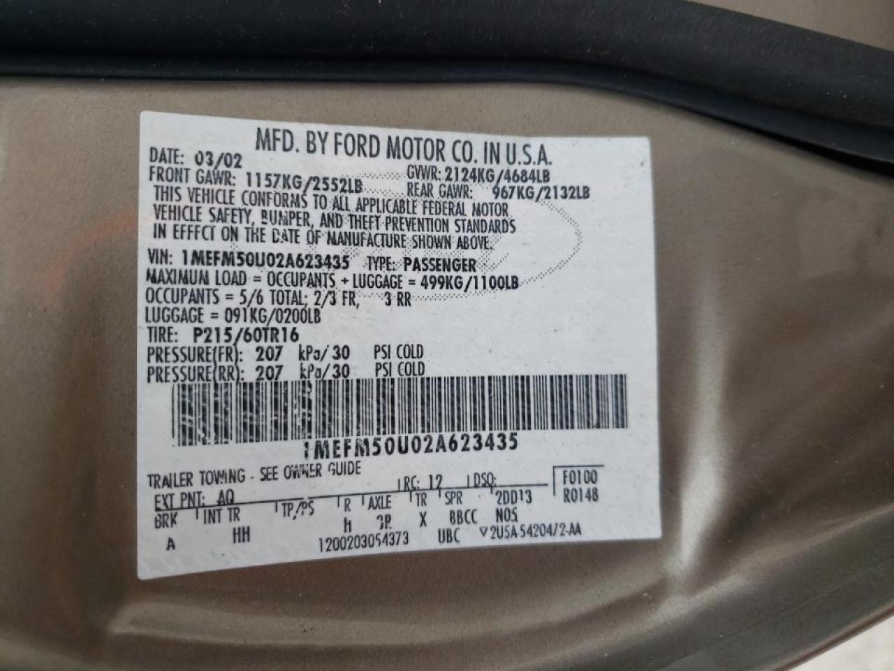 Photo 10 from auction – 2002 MERCURY SABLE GS with VIN 1MEFM50U02A623435