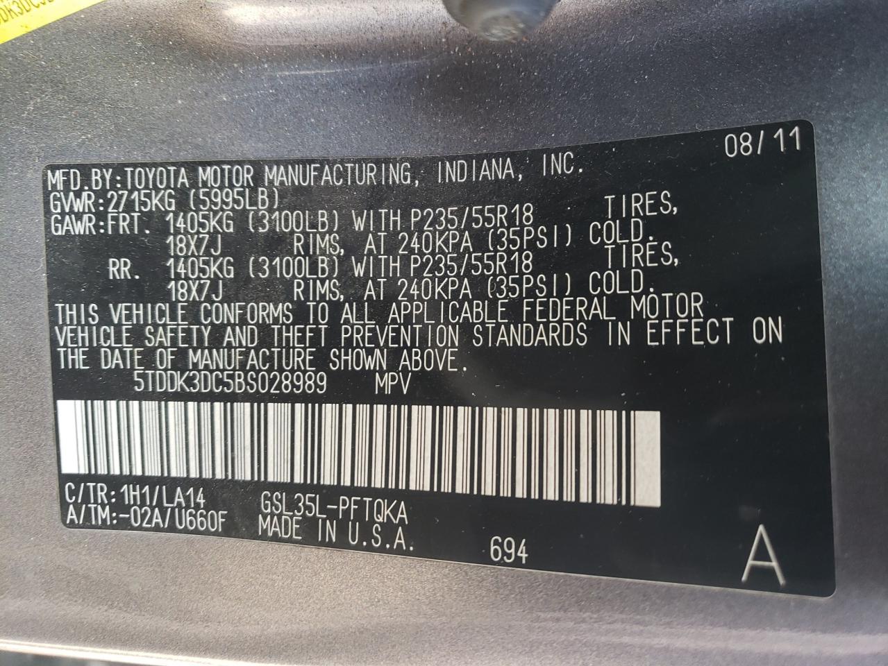 Photo 10 from auction – 2011 TOYOTA SIENNA XLE with VIN 5TDDK3DC5BS028989