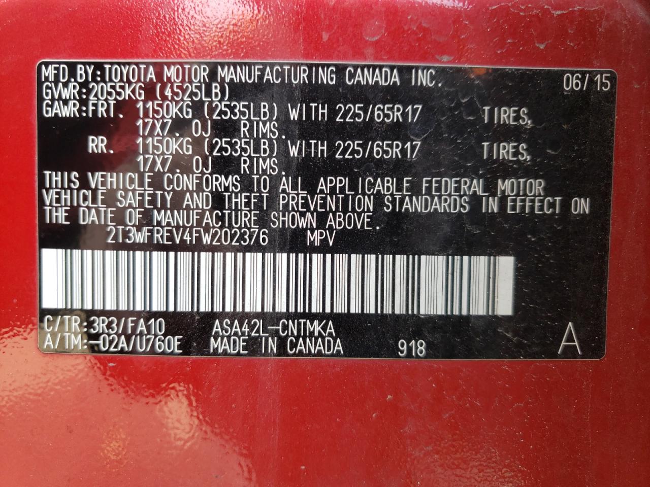 Photo 10 from auction – 2015 TOYOTA RAV4 XLE with VIN 2T3WFREV4FW202376