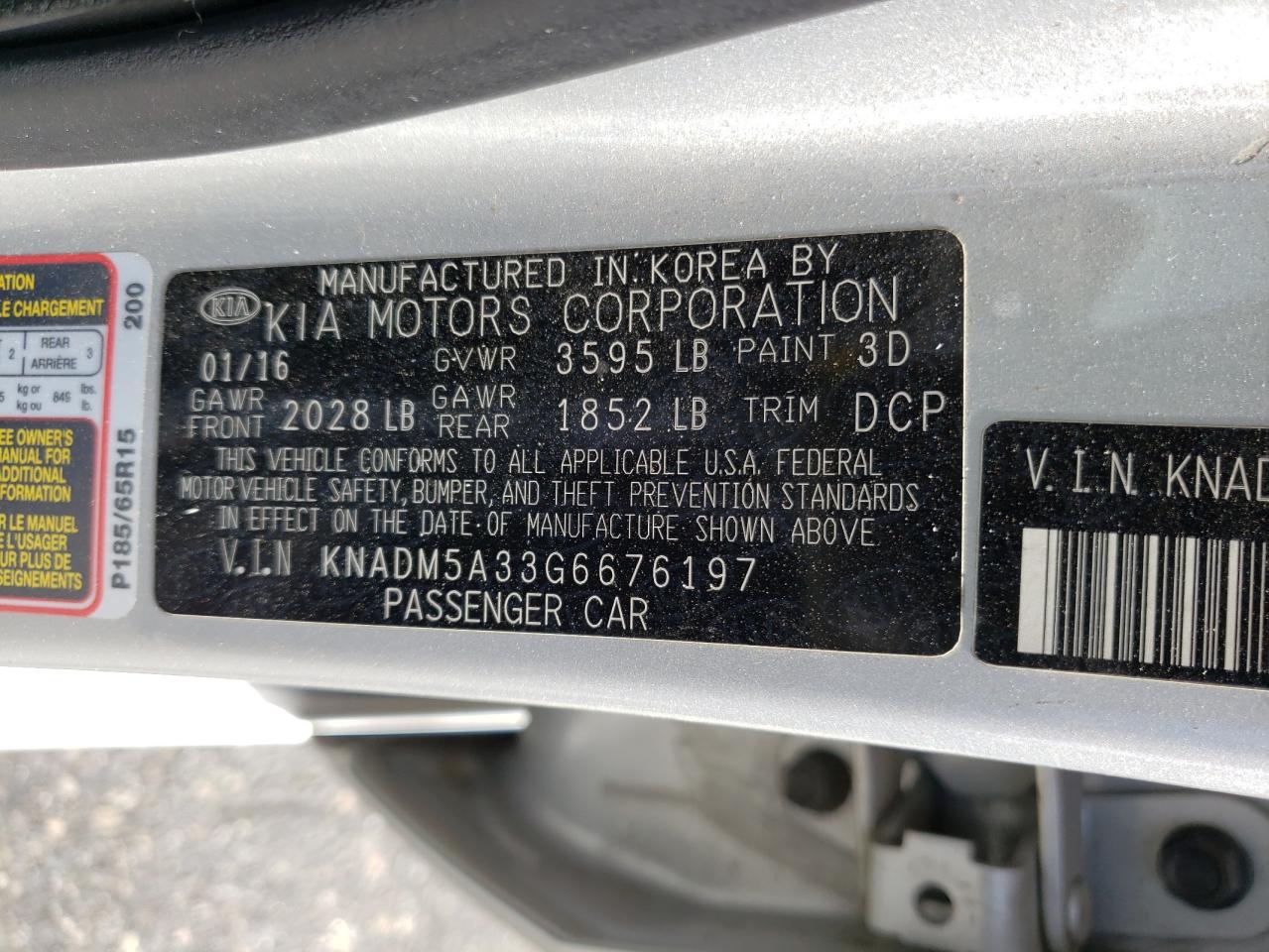 Photo 10 from auction – 2016 KIA RIO LX with VIN KNADM5A33G6676197