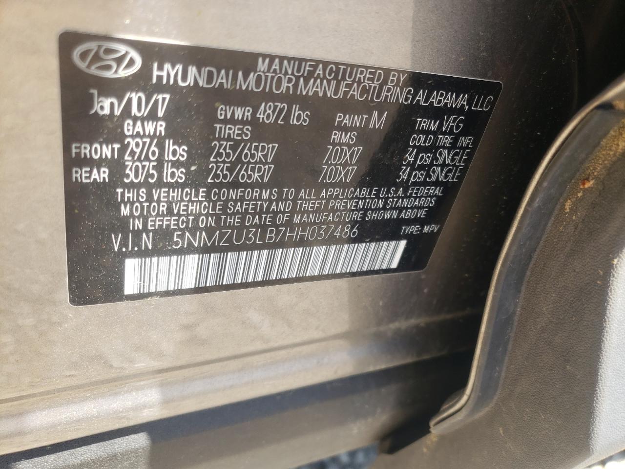 Photo 10 from auction – 2017 HYUNDAI SANTA FE S with VIN 5NMZU3LB7HH037486