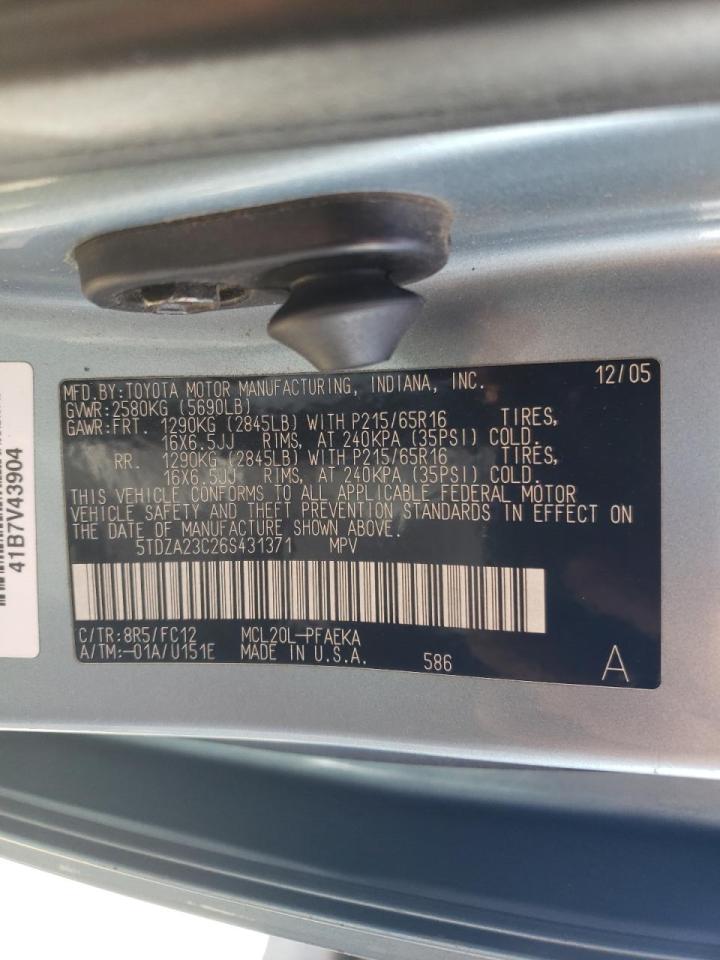 Photo 10 from auction – 2006 TOYOTA SIENNA CE with VIN 5TDZA23C26S431371