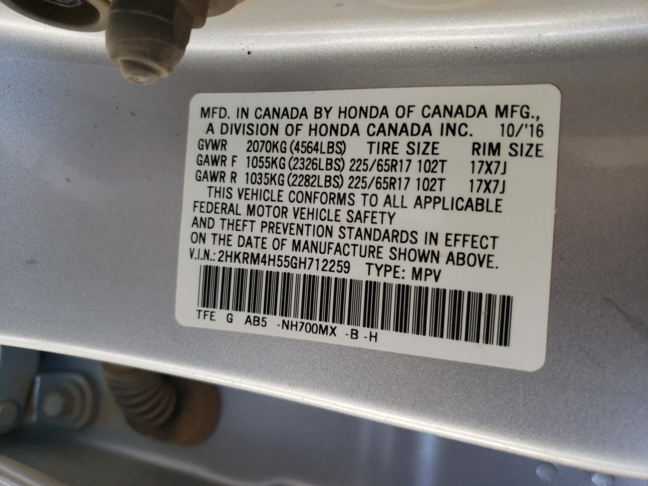 Photo 10 from auction – 2016 HONDA CR-V EX with VIN 2HKRM4H55GH712259