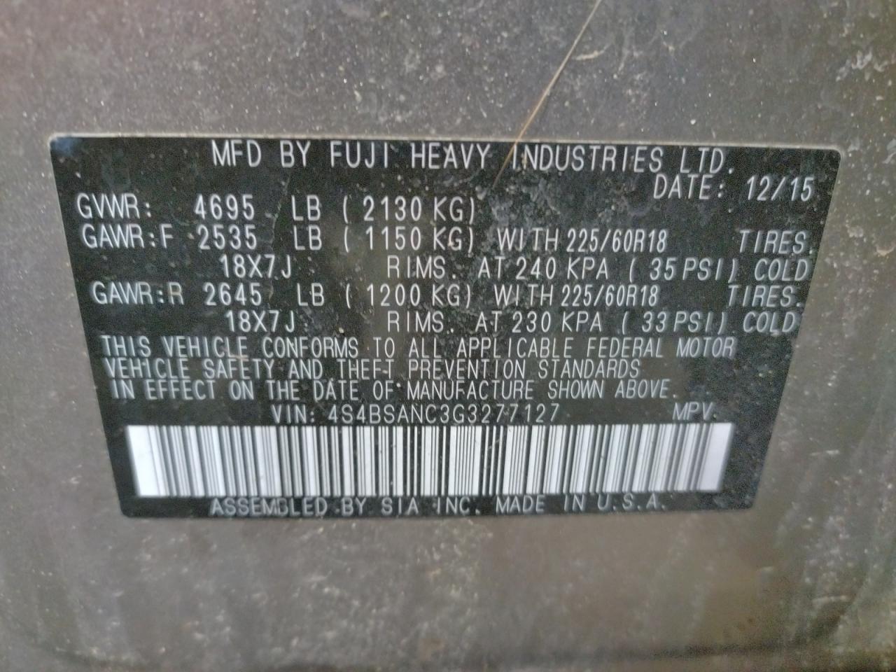 Photo 10 from auction – 2016 SUBARU OUTBACK 2. with VIN 4S4BSANC3G3277127
