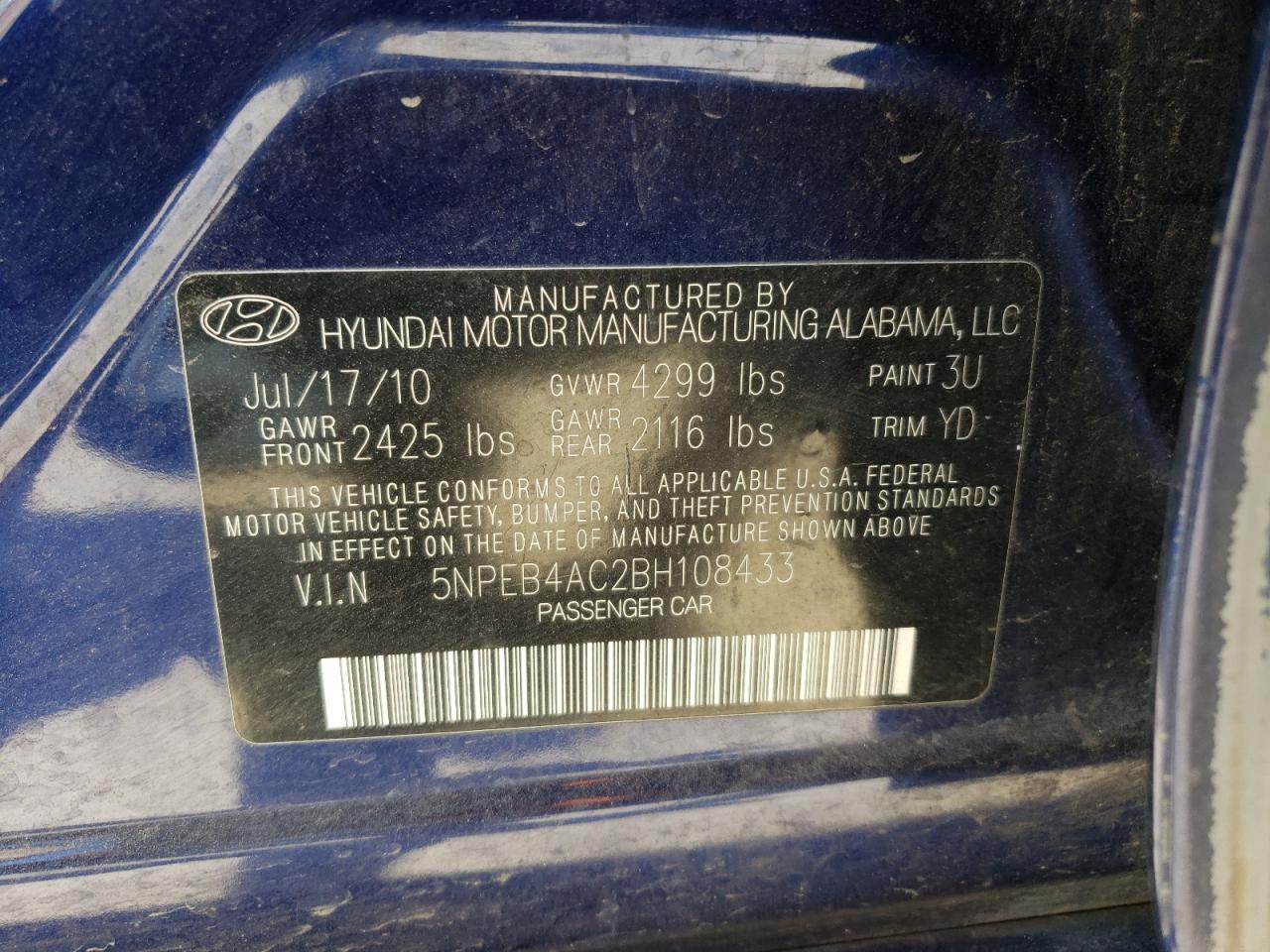 Photo 10 from auction – 2011 HYUNDAI SONATA GLS with VIN 5NPEB4AC2BH108433
