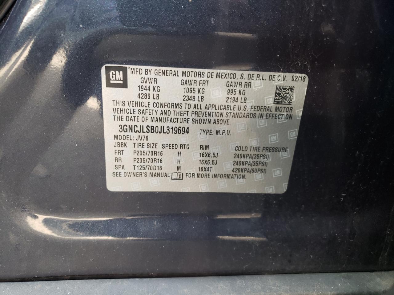 Photo 10 from auction – 2018 CHEVROLET TRAX 1LT with VIN 3GNCJLSB0JL319694