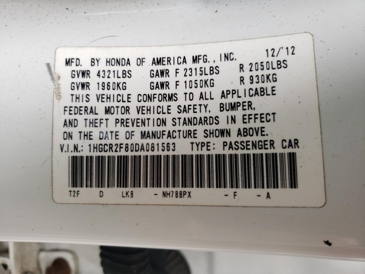 Photo 10 from auction – 2013 HONDA ACCORD EXL with VIN 1HGCR2F80DA081563