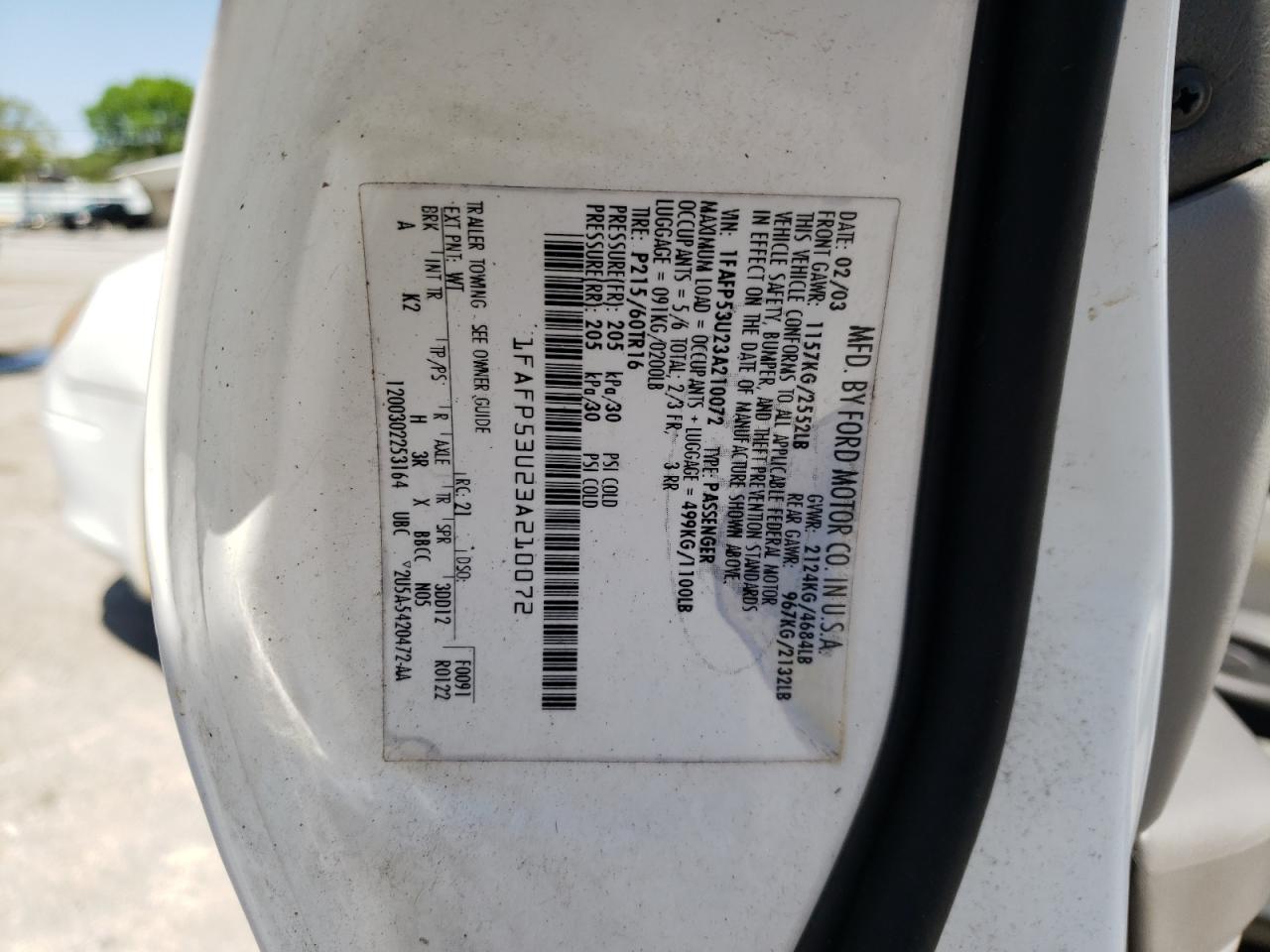Photo 10 from auction – 2003 FORD TAURUS SE with VIN 1FAFP53U23A210072