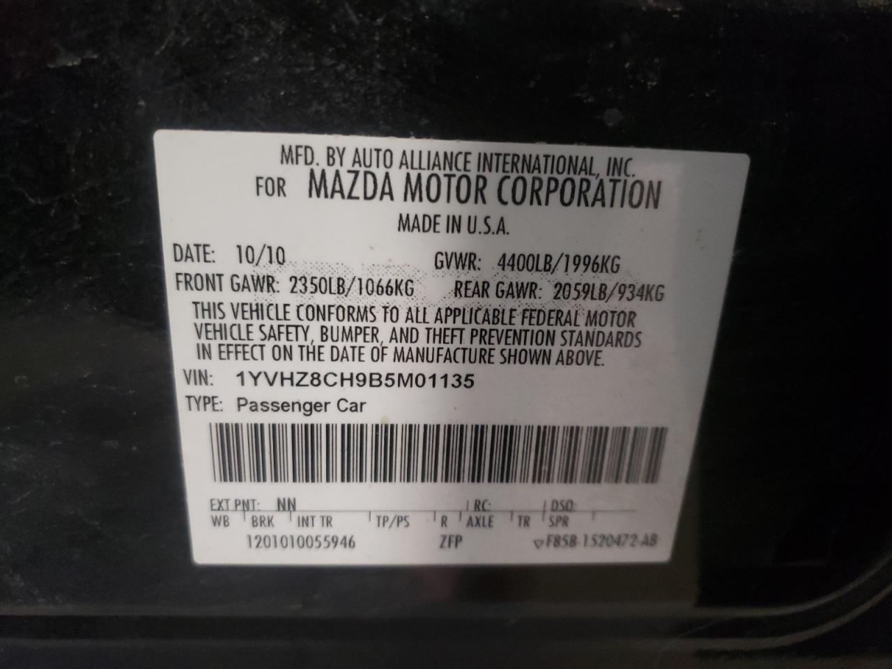 Photo 10 from auction – 2011 MAZDA 6 I with VIN 1YVHZ8CH9B5M01135