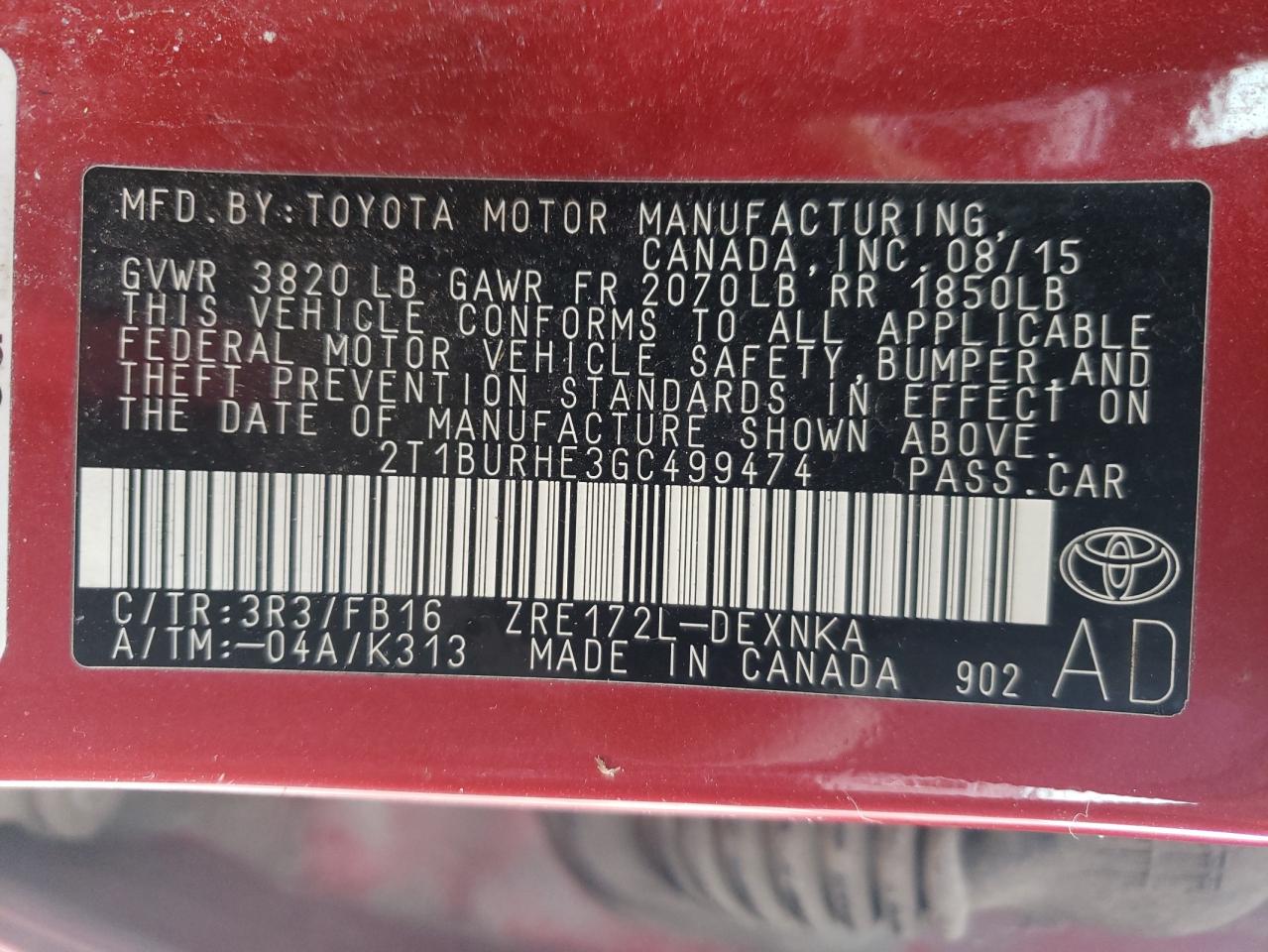 Photo 10 from auction – 2016 TOYOTA COROLLA L with VIN 2T1BURHE3GC499474