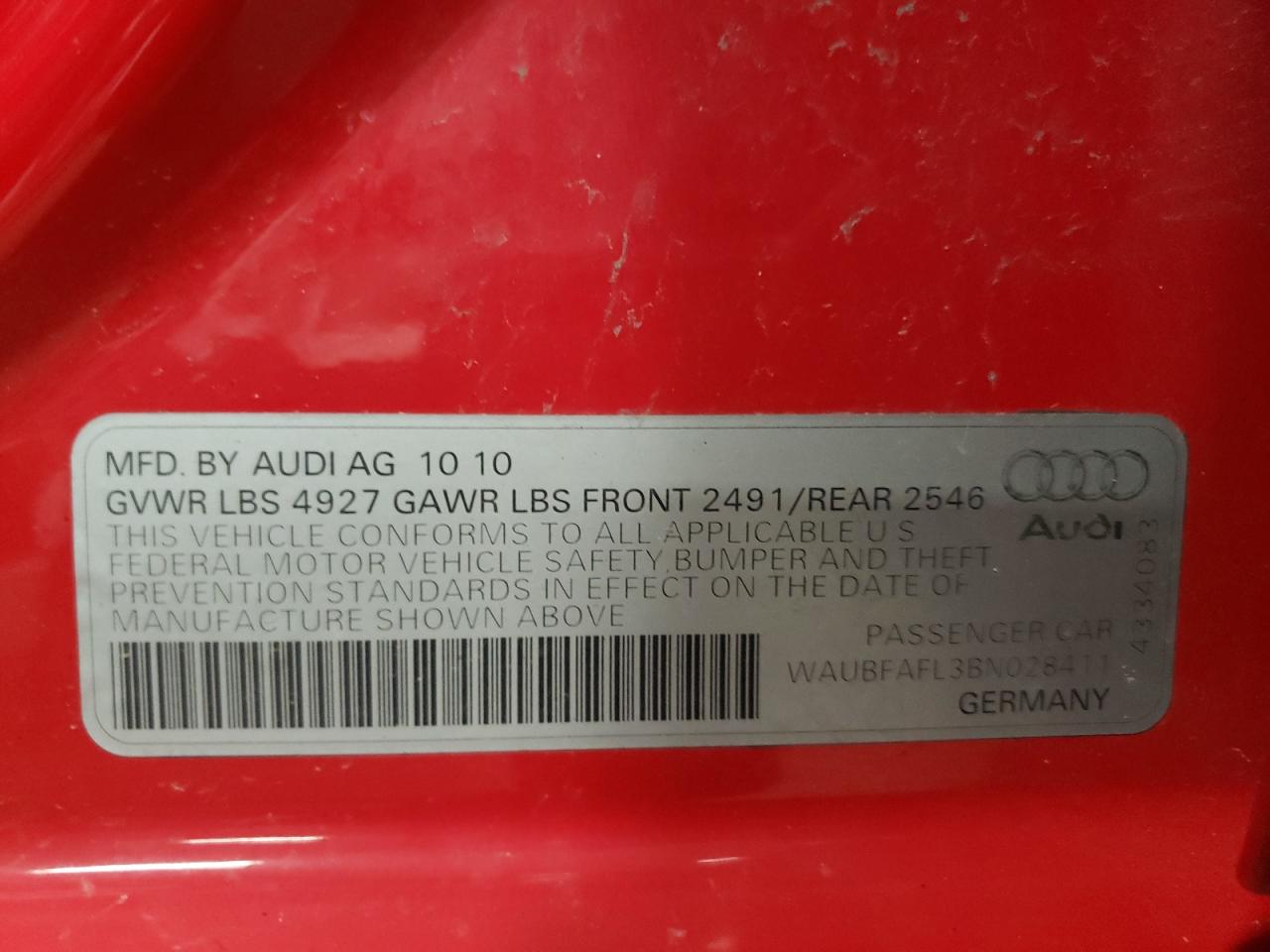 Photo 10 from auction – 2011 AUDI A4 with VIN WAUBFAFL3BN028411