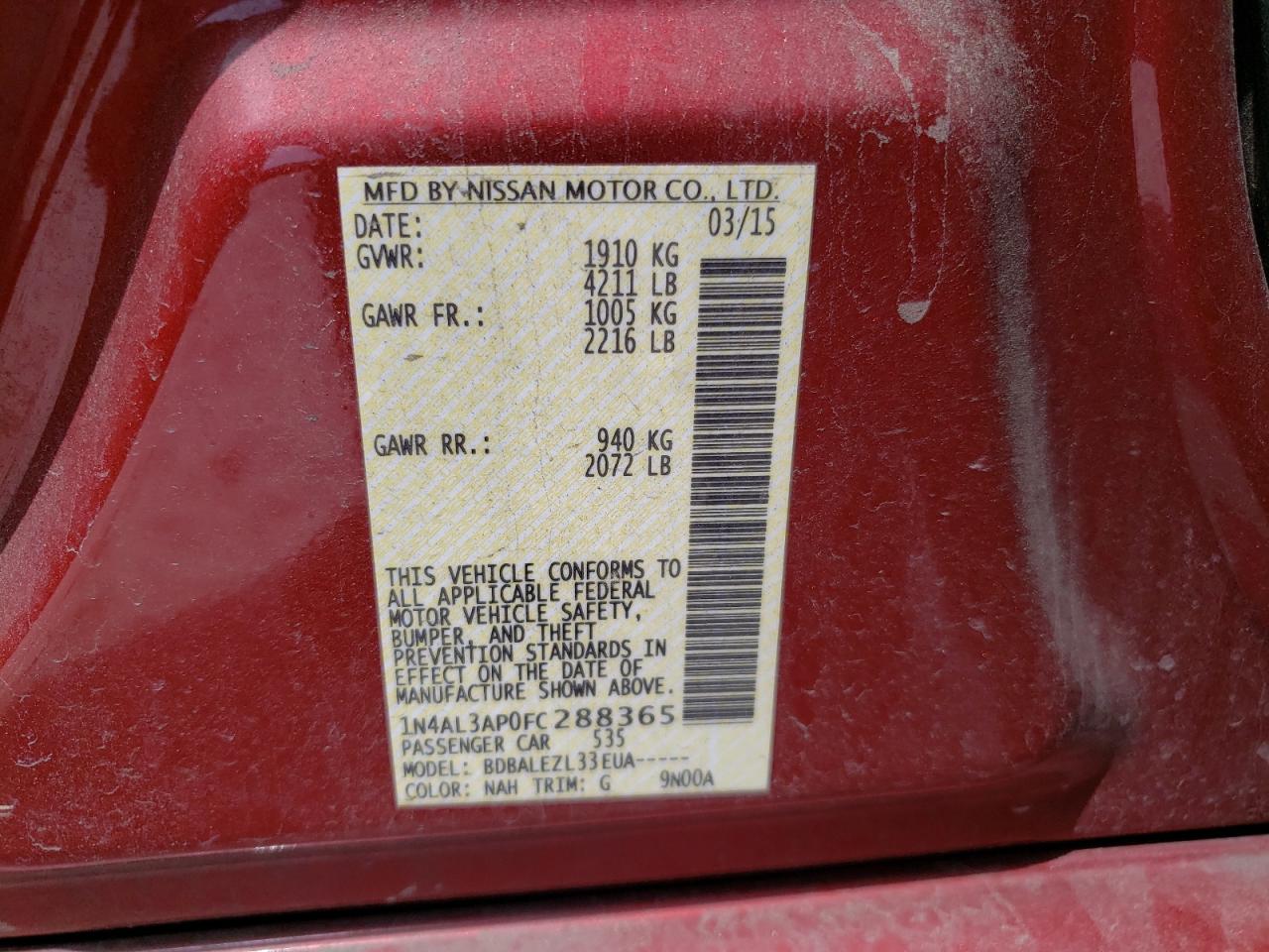 Photo 10 from auction – 2015 NISSAN ALTIMA 2.5 with VIN 1N4AL3AP0FC288365