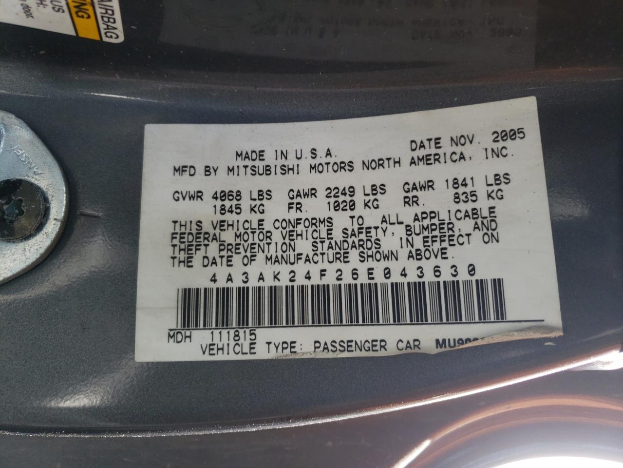 Photo 10 from auction – 2006 MITSUBISHI ECLIPSE GS with VIN 4A3AK24F26E043630