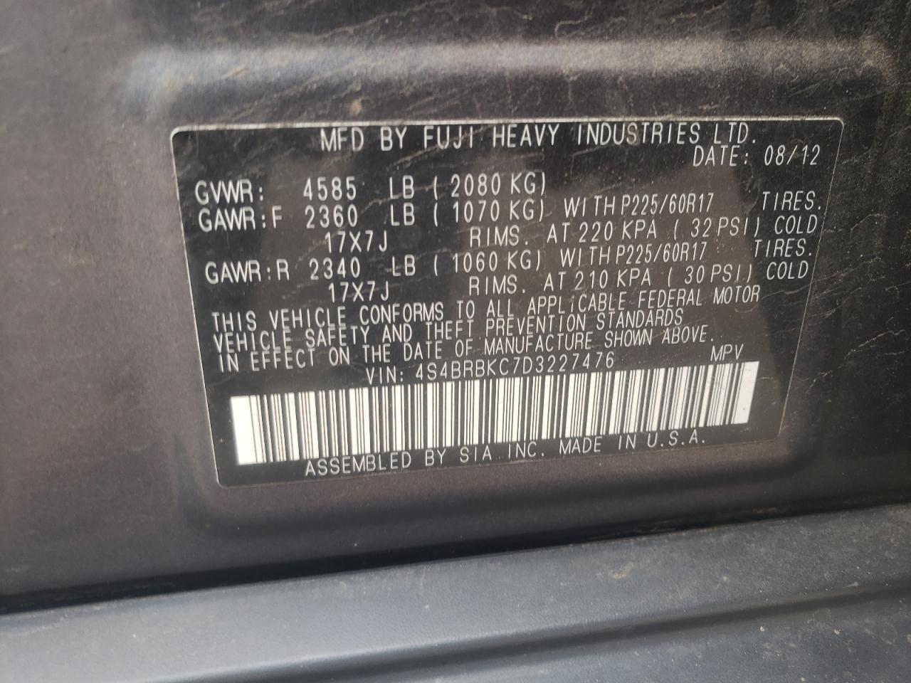 Photo 10 from auction – 2013 SUBARU OUTBACK 2. with VIN 4S4BRBKC7D3227476