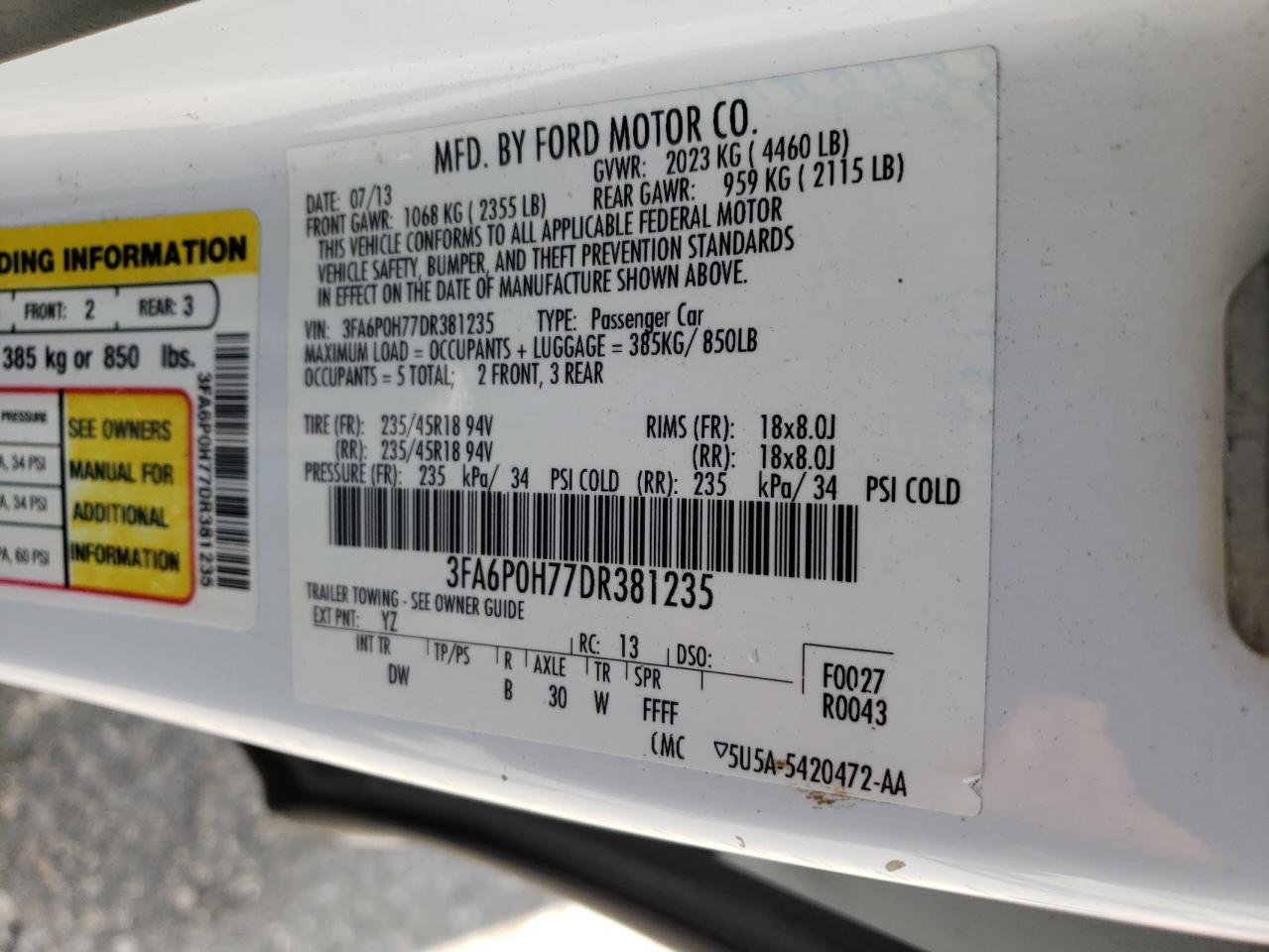 Photo 10 from auction – 2013 FORD FUSION SE with VIN 3FA6P0H77DR381235