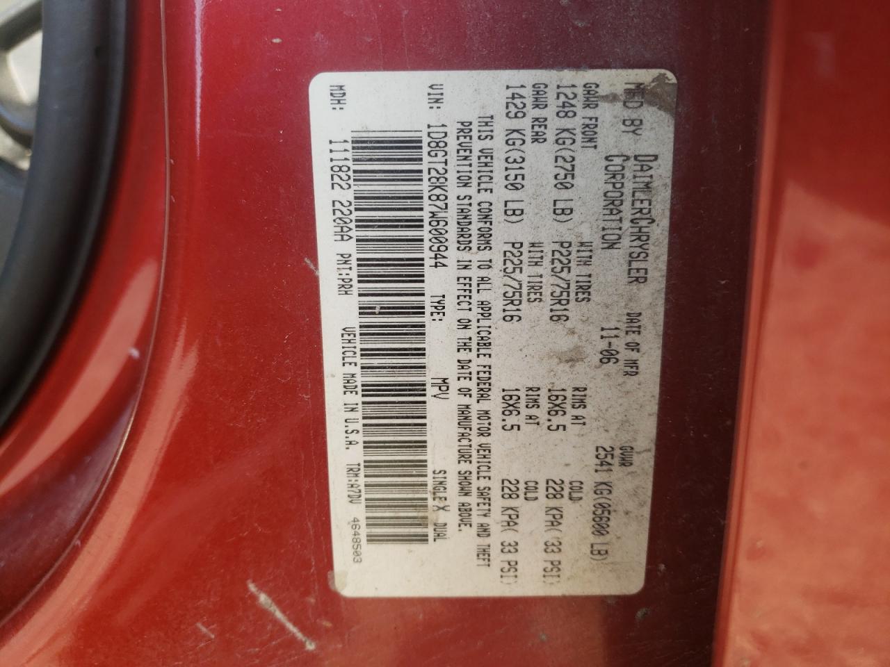 Photo 10 from auction – 2007 DODGE NITRO SXT with VIN 1D8GT28K87W600944