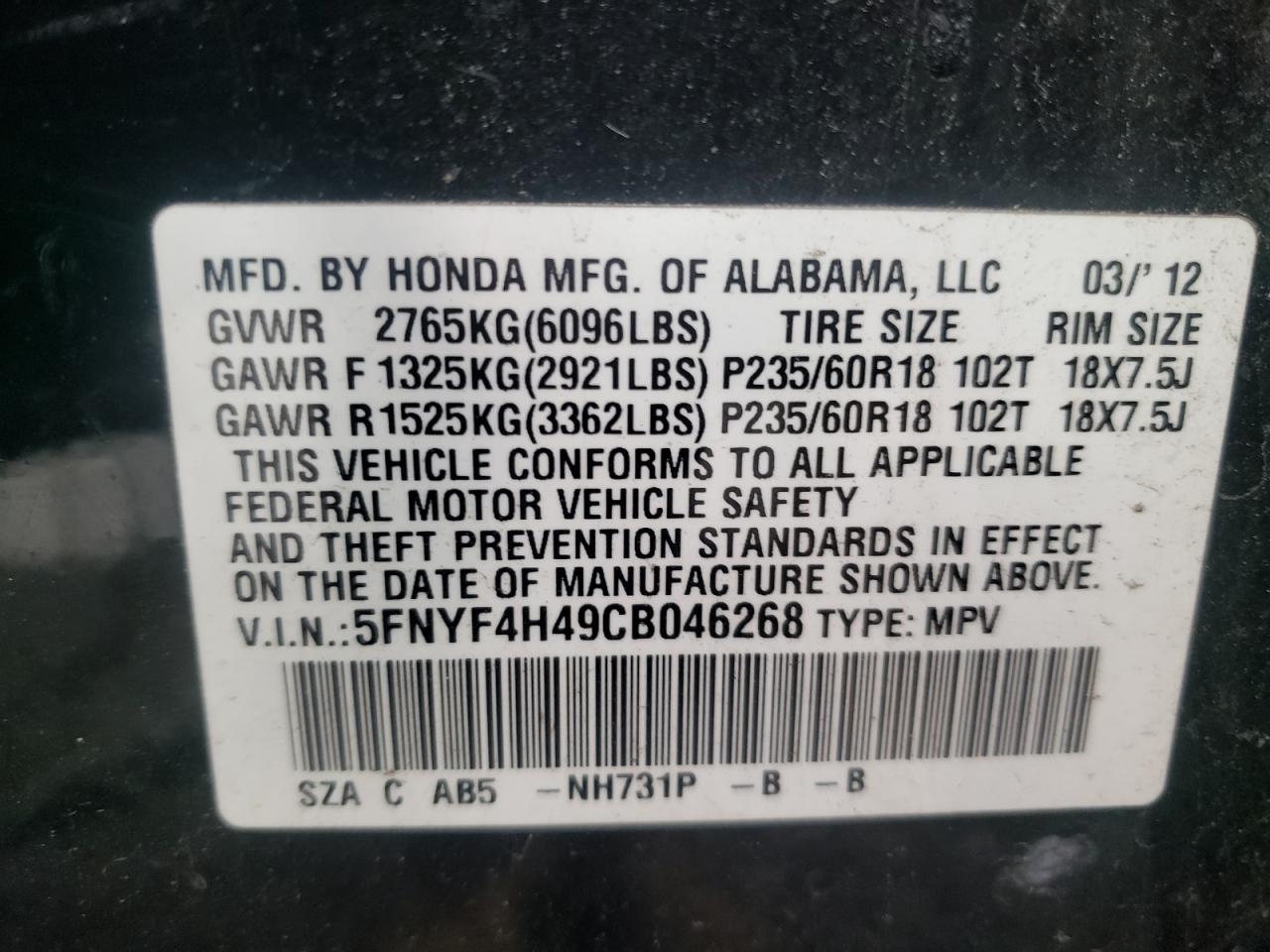 Photo 10 from auction – 2012 HONDA PILOT EX with VIN 5FNYF4H49CB046268