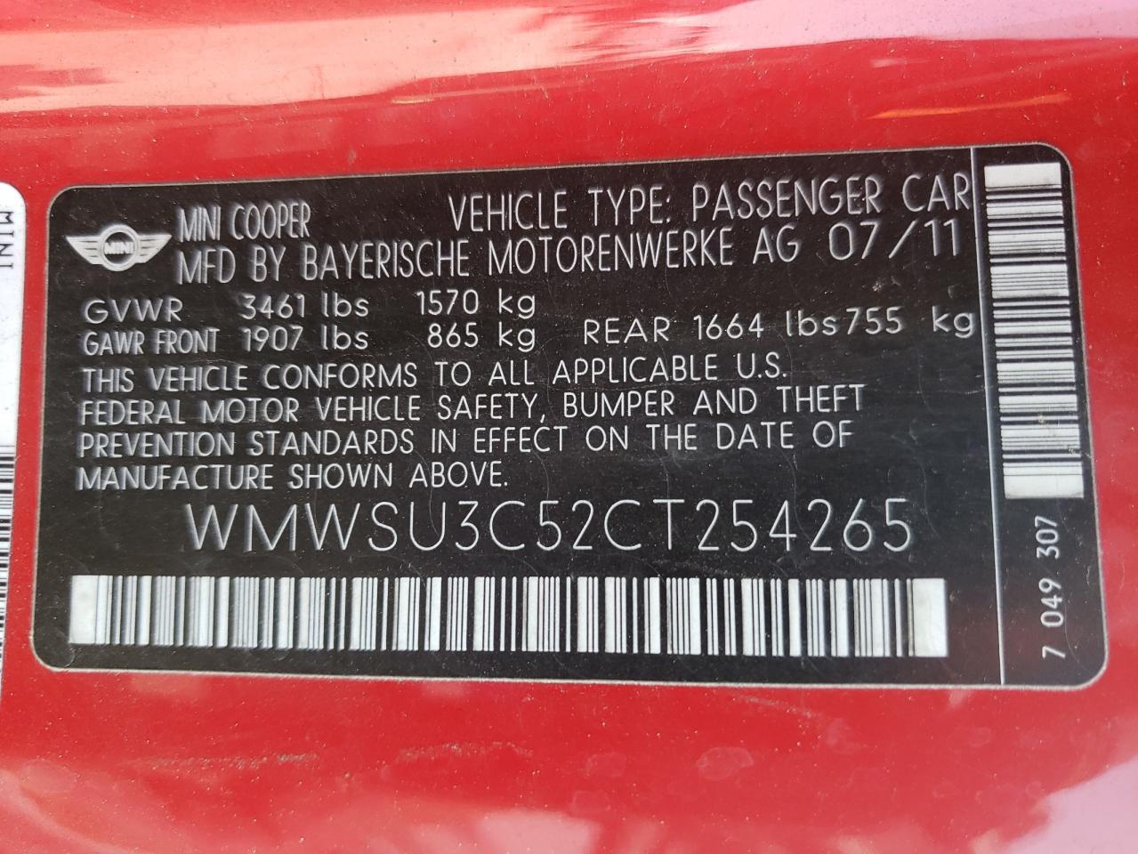 Photo 10 from auction – 2012 MINI COOPER with VIN WMWSU3C52CT254265