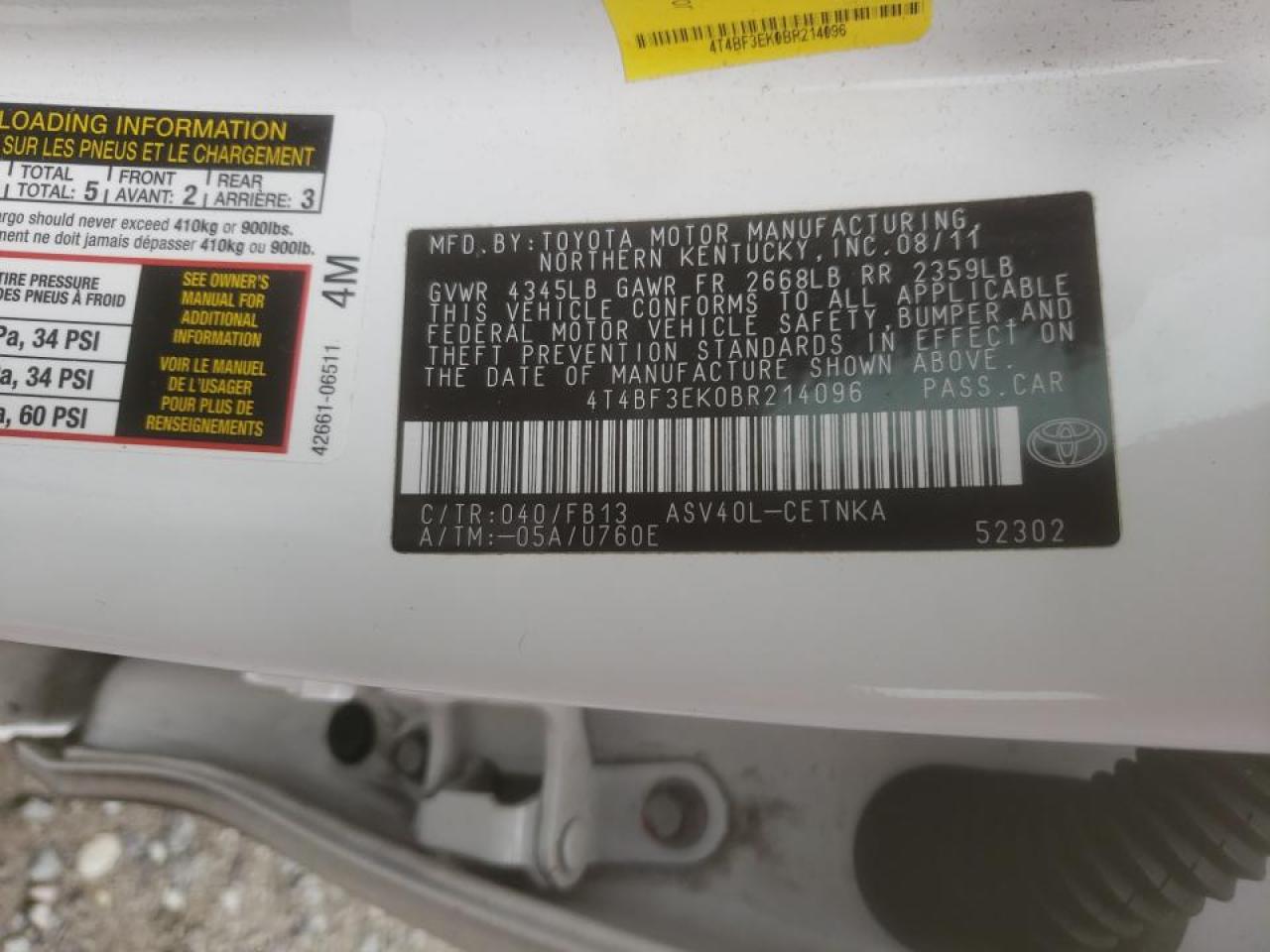 Photo 10 from auction – 2011 TOYOTA CAMRY BASE with VIN 4T4BF3EK0BR214096