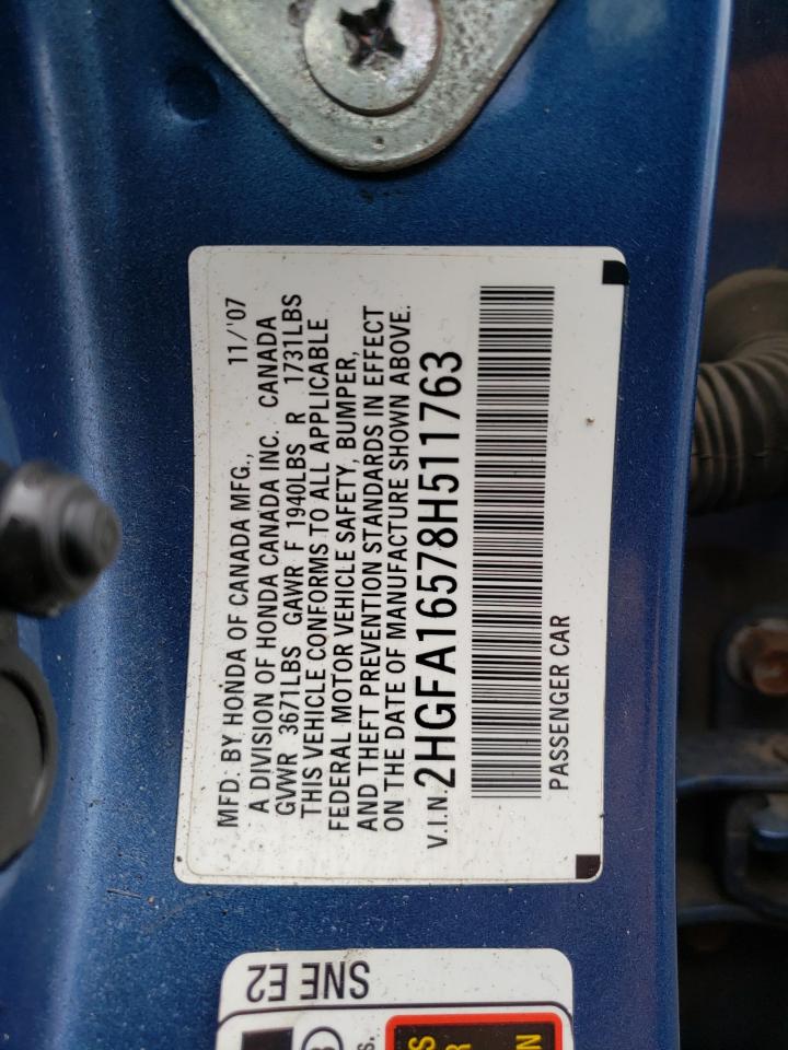 Photo 10 from auction – 2008 HONDA CIVIC LX with VIN 2HGFA16578H511763