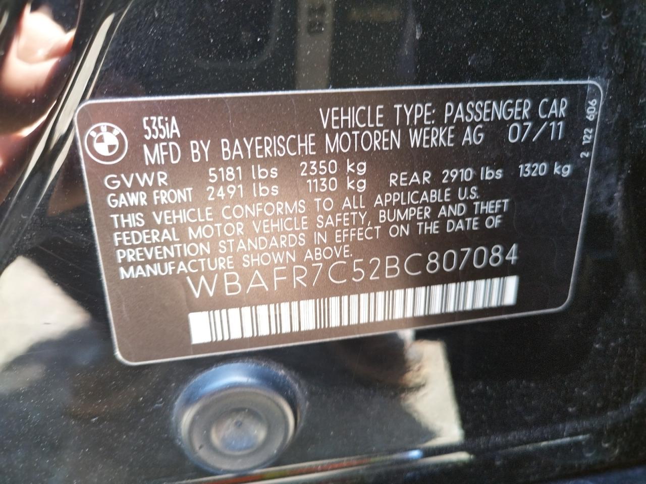 Photo 10 from auction – 2011 BMW 535 I with VIN WBAFR7C52BC807084