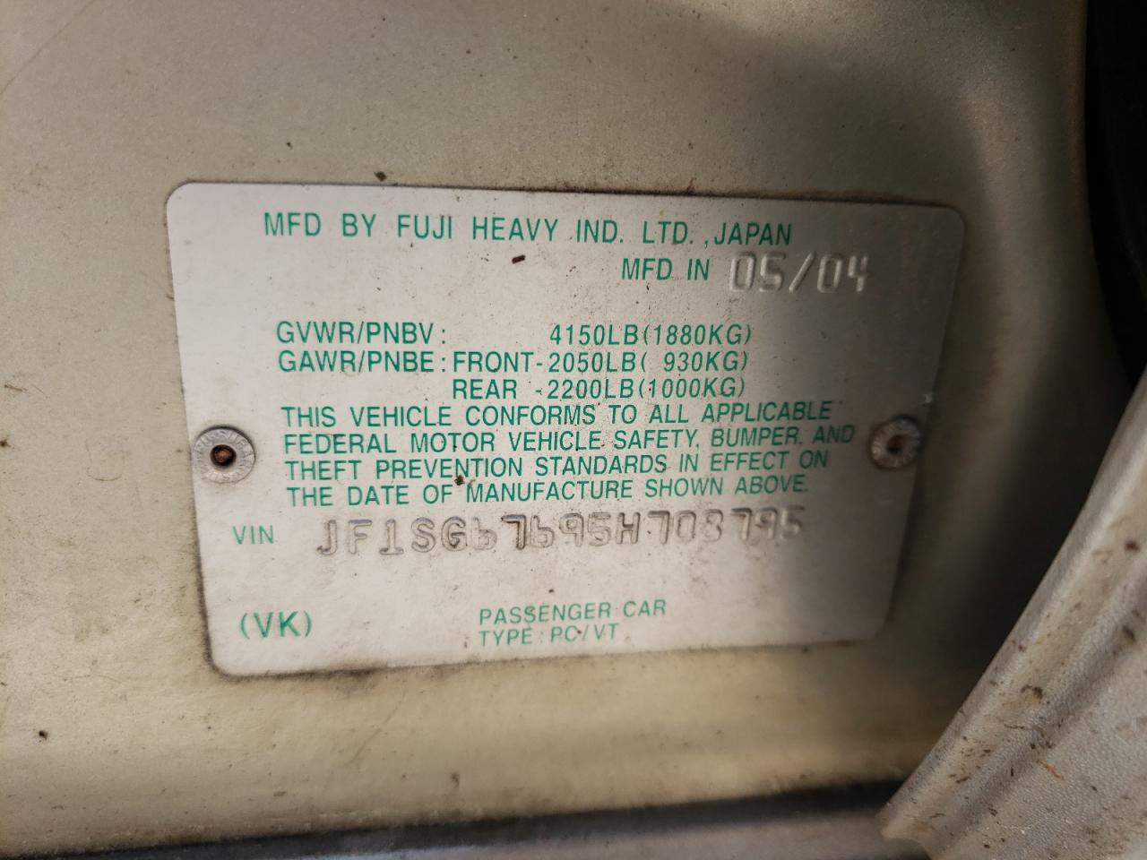 Photo 10 from auction – 2005 SUBARU FORESTER 2 with VIN JF1SG67695H708795