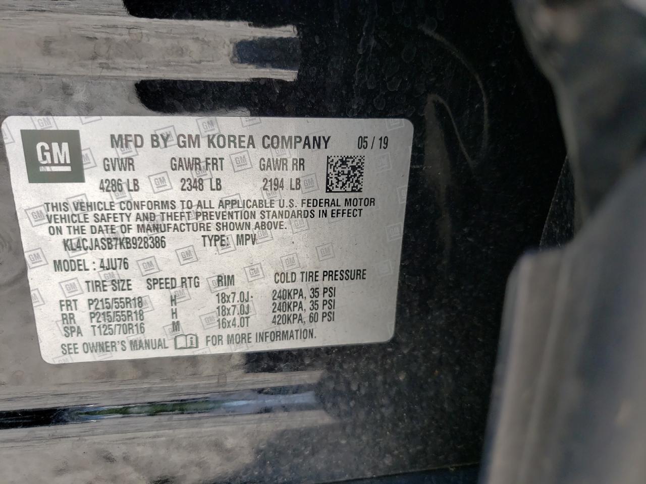 Photo 10 from auction – 2019 BUICK ENCORE PRE with VIN KL4CJASB7KB928386