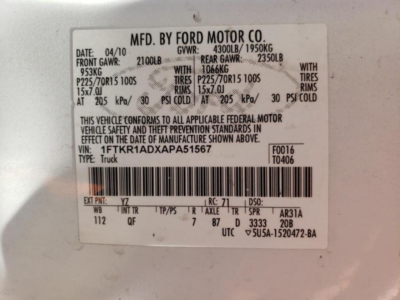 Photo 10 from auction – 2010 FORD RANGER with VIN 1FTKR1ADXAPA51567