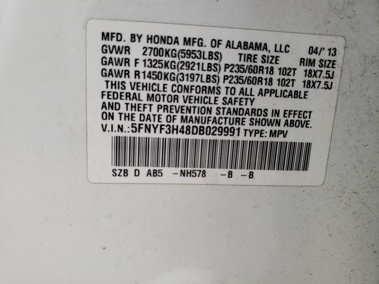 Photo 10 from auction – 2013 HONDA PILOT EX with VIN 5FNYF3H48DB029991
