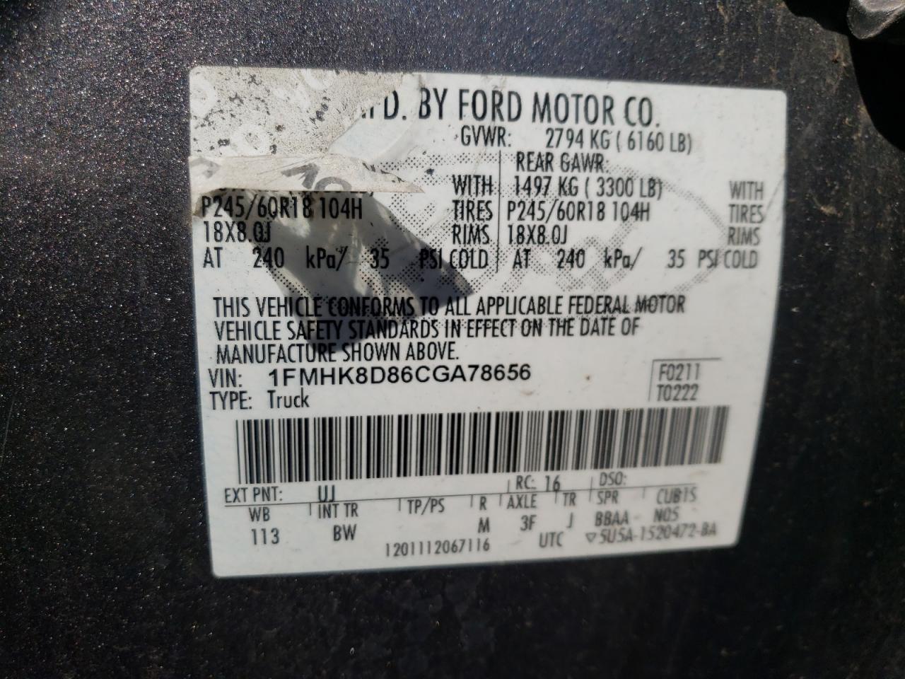 Photo 10 from auction – 2012 FORD EXPLORER X with VIN 1FMHK8D86CGA78656